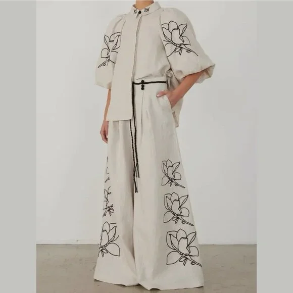 Women Two-Piece Outfit Blouse Wide-Leg Pant Beige Sz S Linen Cotton Loose Fit